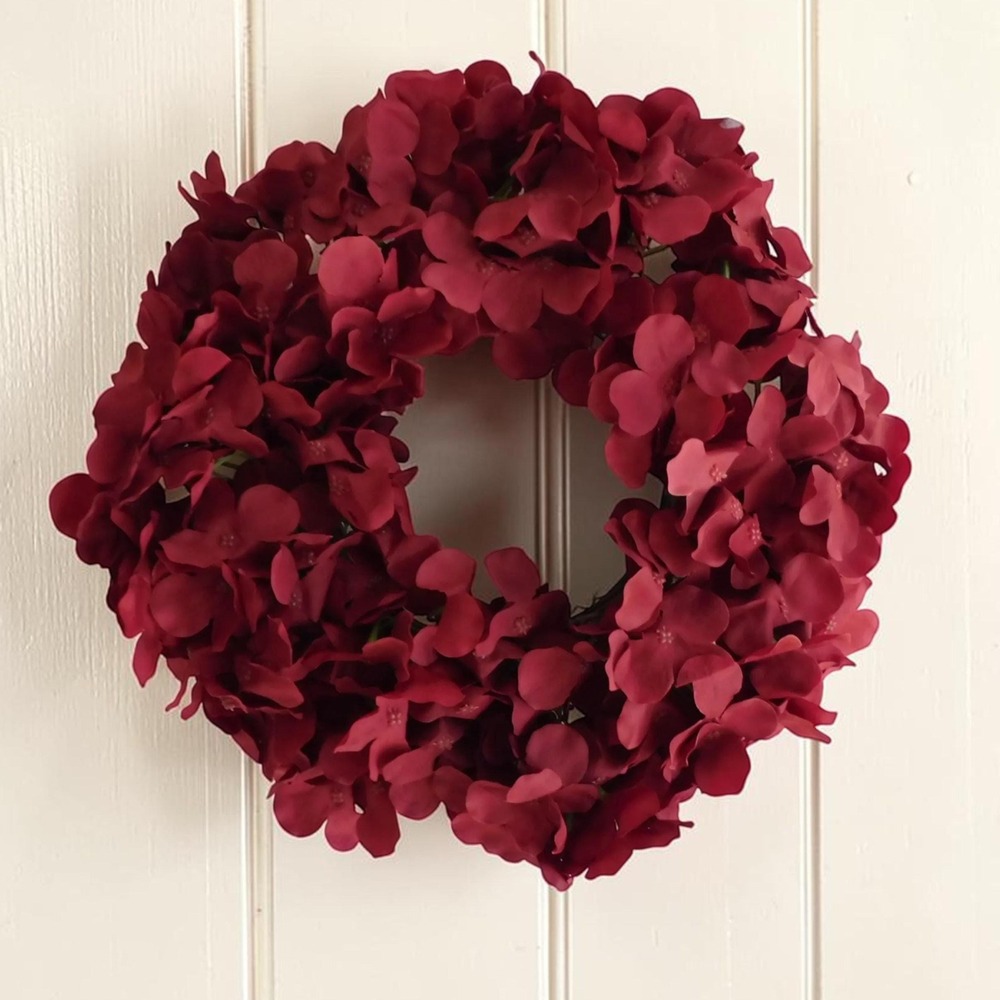 14" Burgundy Hydrangea Wreath, Natural Vine Base, Rustic Farmhouse Autumn Decor